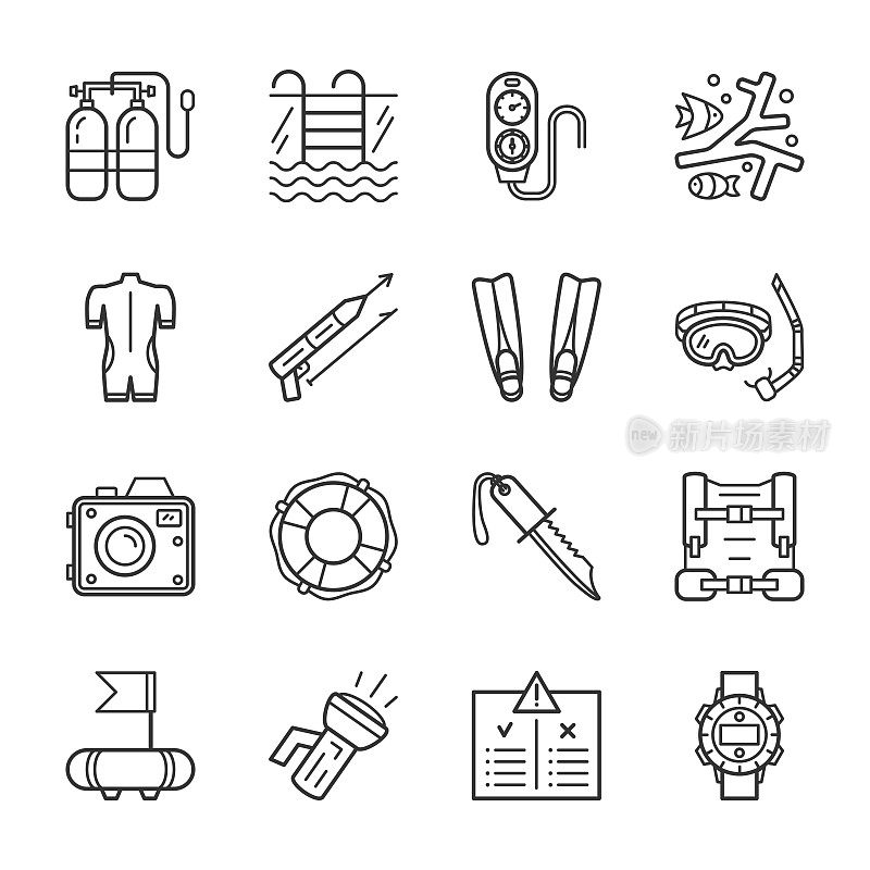 Diving equipment, accessories and scuba gear thin line icons set